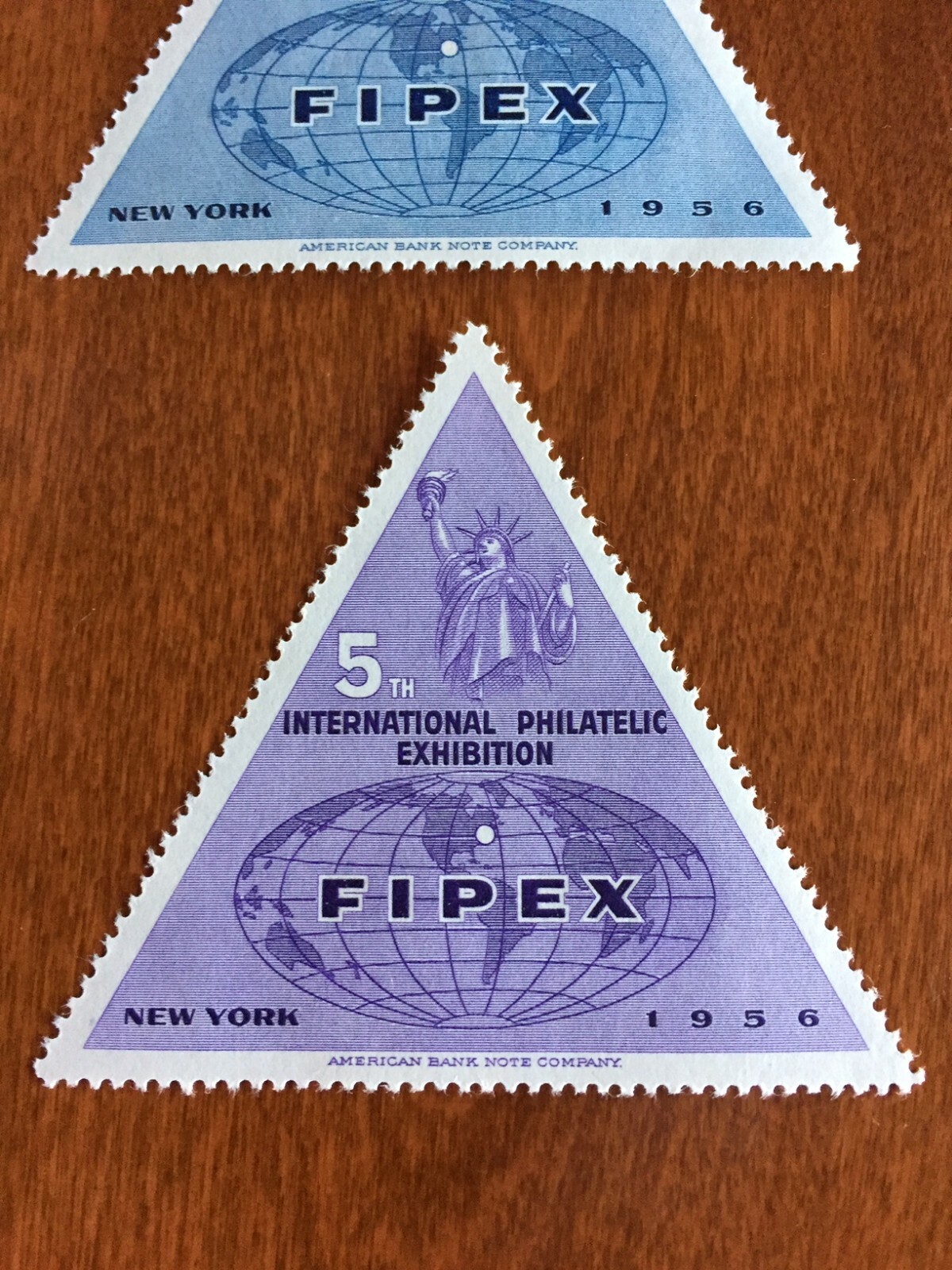 1956 FIPEX TRIANGULAR STAMP LOT 5TH INTERNATIONAL PHILATELIC EXHIBITION NEW YORK