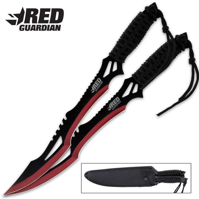 2 pc Full Tang Red Guardian Ninja Sword Machete Knife Set Tactical Hunting Sharp
