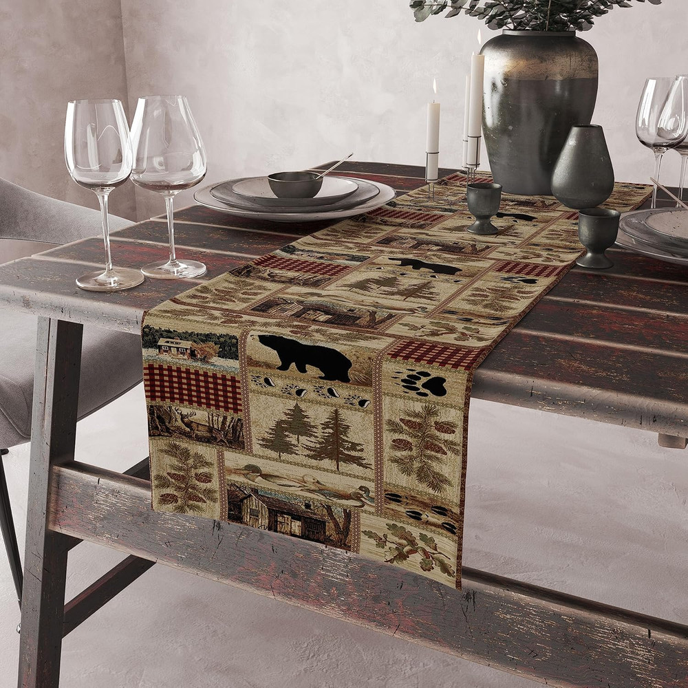 Rustic Country Bear Table Runner,Patchwork Cabin Wild Animals Hunting Table Clot