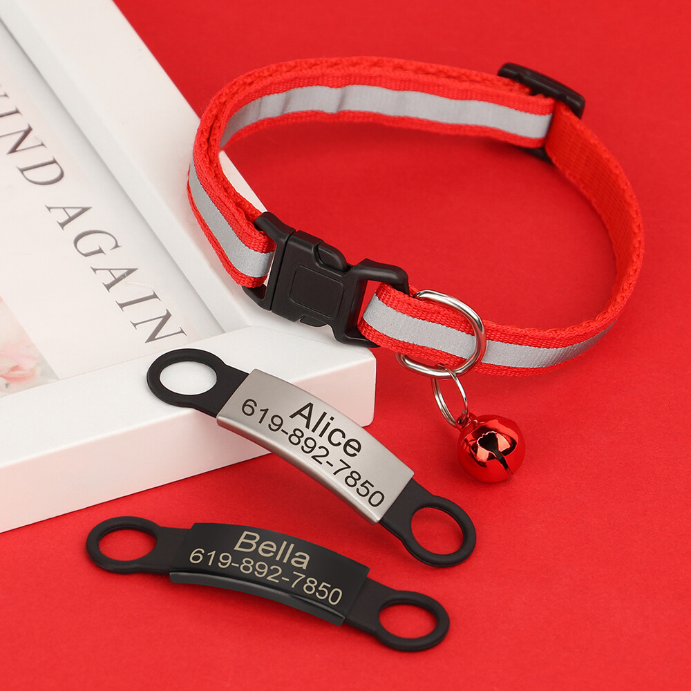 Reflective Personalized Kitten Cat Collar + Bell Engraved Name ID Tag Adjustable