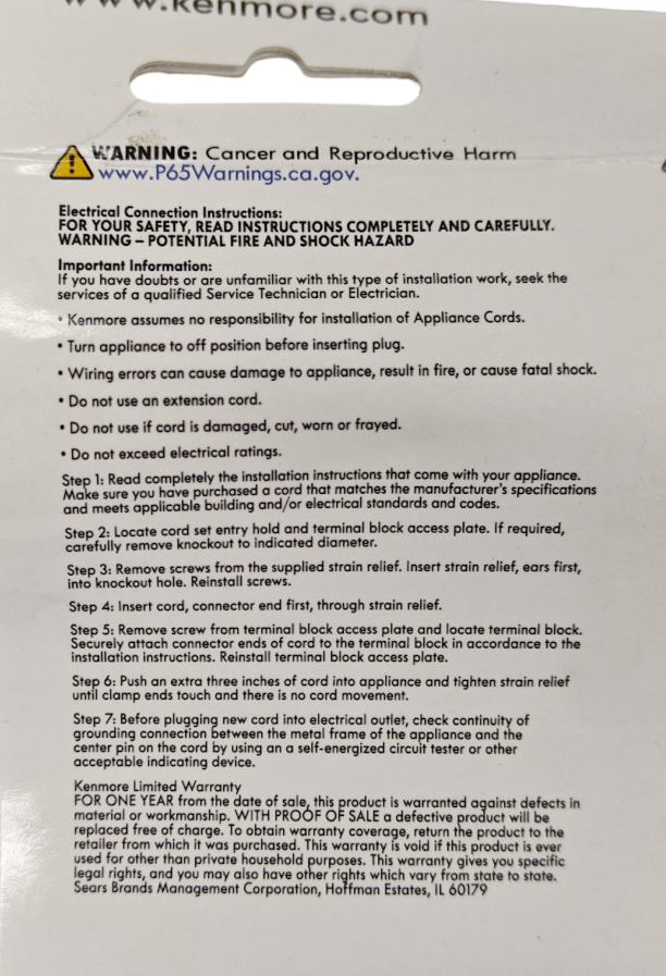 Kenmore 4-Prong 5 Ft Electrical Range Cord 50 Amp 250 Volts 49696