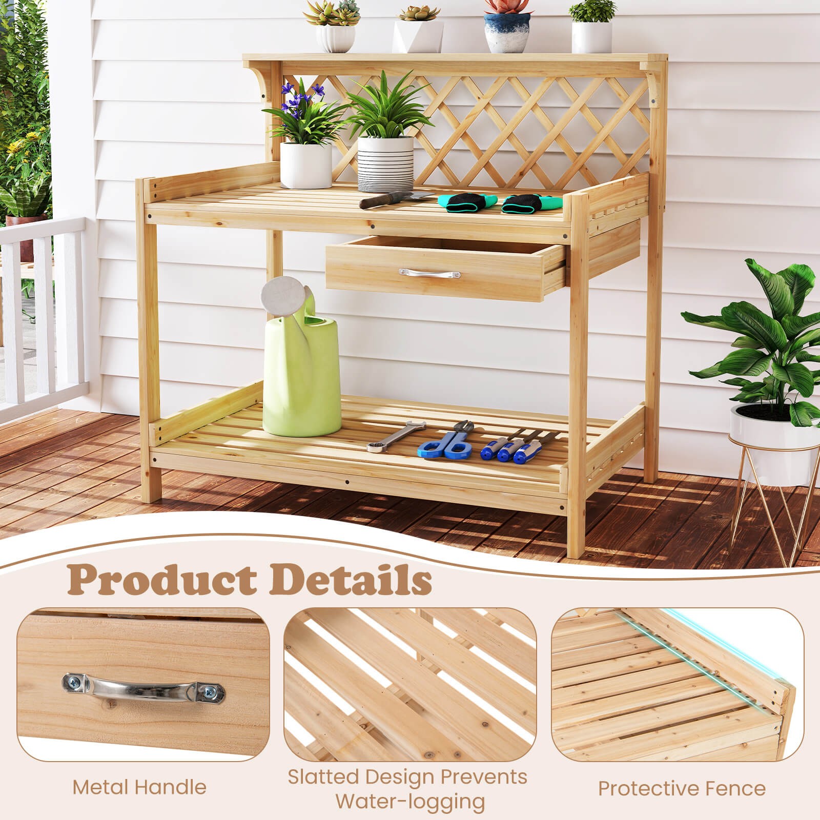 Garden Potting Bench Table w/Lattice Trellis Removable Drawer Top & Lower Shelf