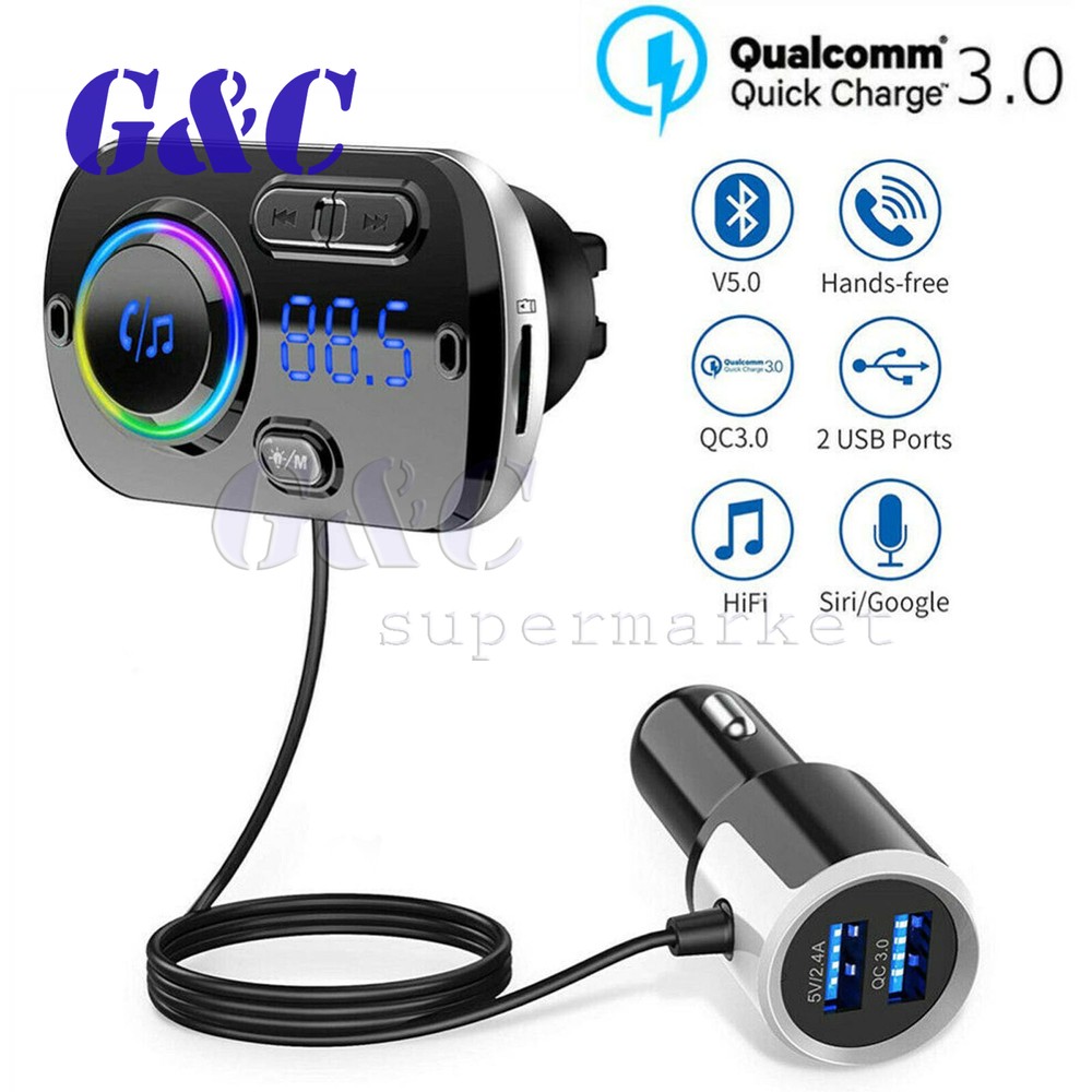 Bluetooth 5.0 Handsfree Car Kit FM Transmitter MP3 Player & USB Fast Charger AUX