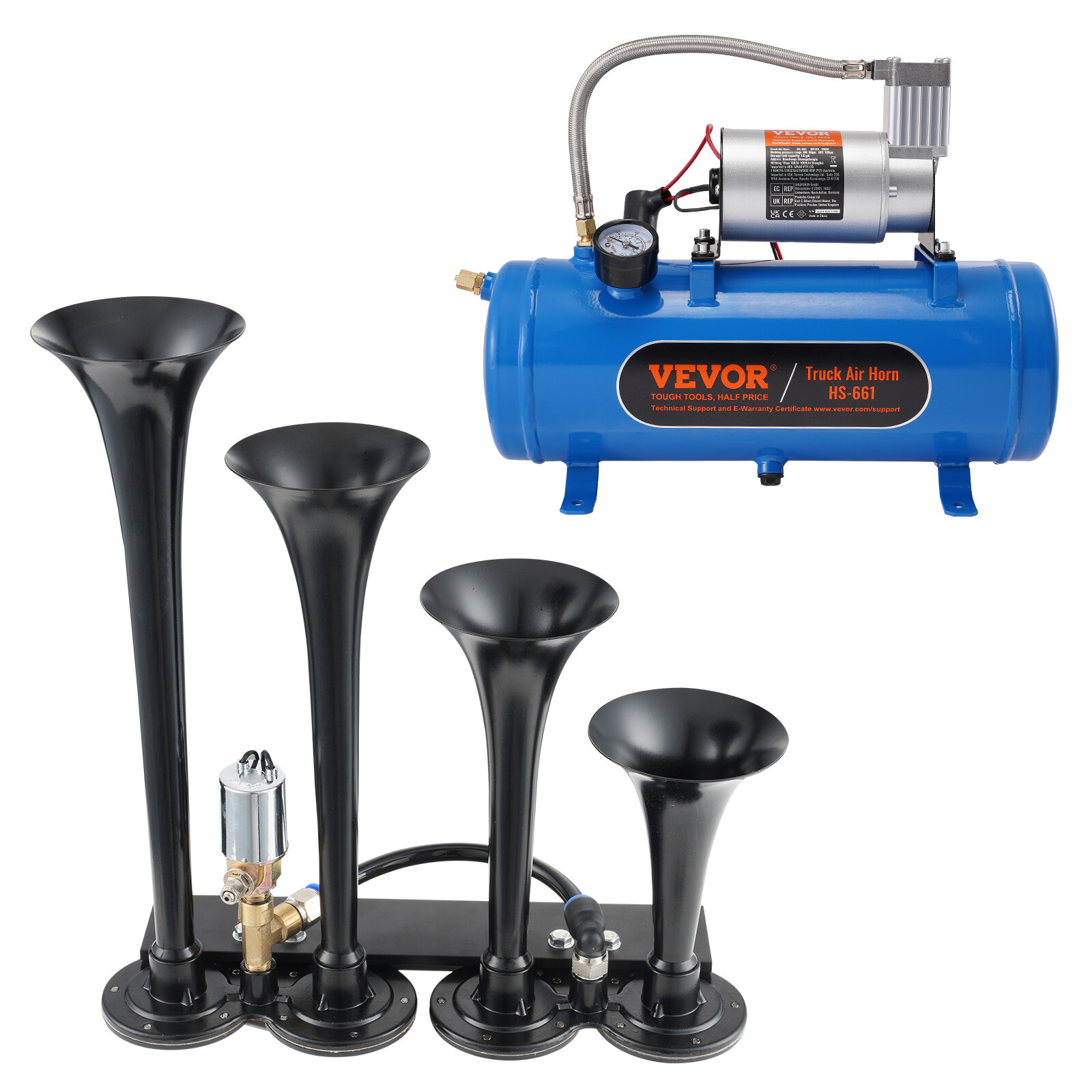 VEVOR Train Horns Kit 4 Trumpet Air Horn Kit 120 psi Air Compressor 1.6 Gal Tank