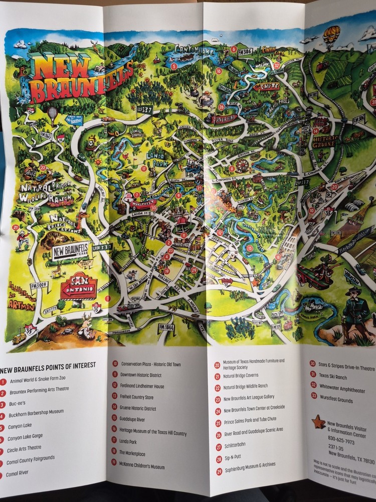 New Braunfels Texas Attractions Guide Travel Foldable Map