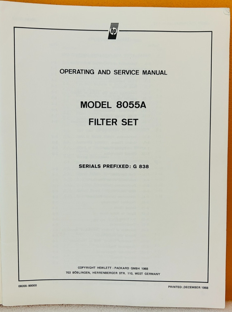 HP 08055-90000 Model 8055A Filter Set Operating & Service Manual.