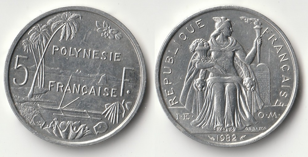 1982 French Polynesia 5 francs coin