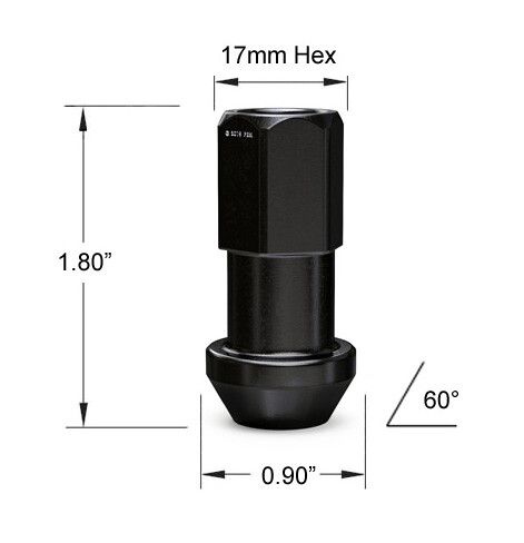 (20) 12x1.5 Black 45mm Extended Lug Nuts (1.8") Tuner Racing Cone Seat Open End