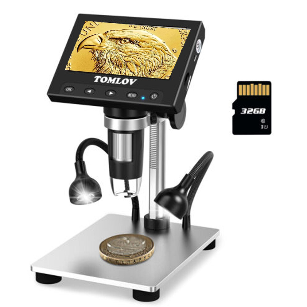 TOMLOV 4.3" Digital Microscope 200x-1000X Error Coin Magnifier w/ Lights PC View