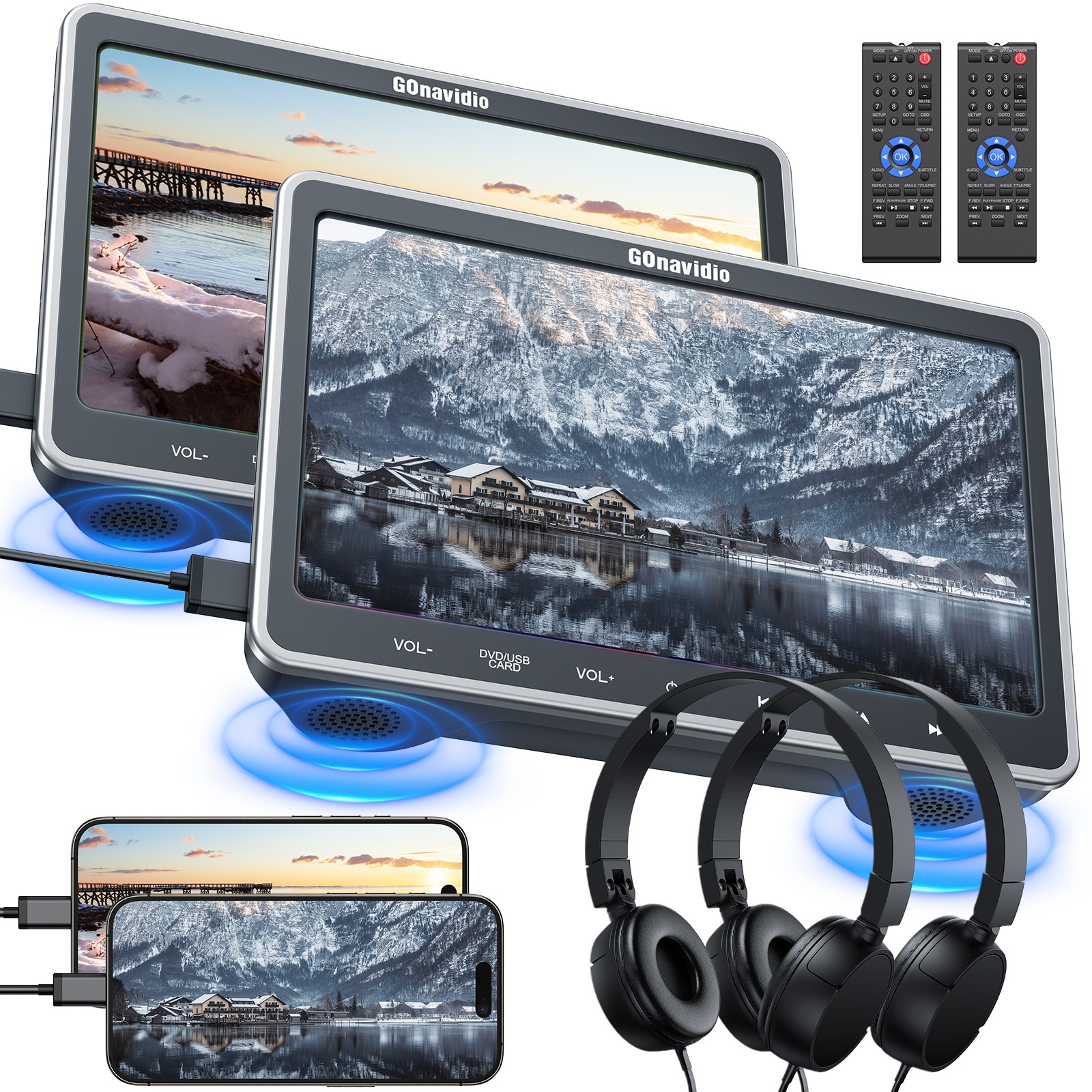 2 x 10.1" Full HD Car Headrest Monitor DVD Player 1080P Screen HDMI USB +Headset