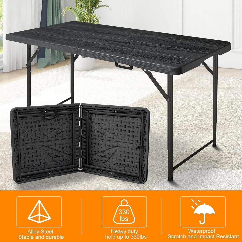 4ft Folding Table, Portable Fold-in-Half Adjustable Height Utility Table for Ind