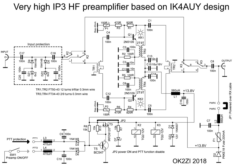 Push-pull HF preamplifier high IP3 bare PCB