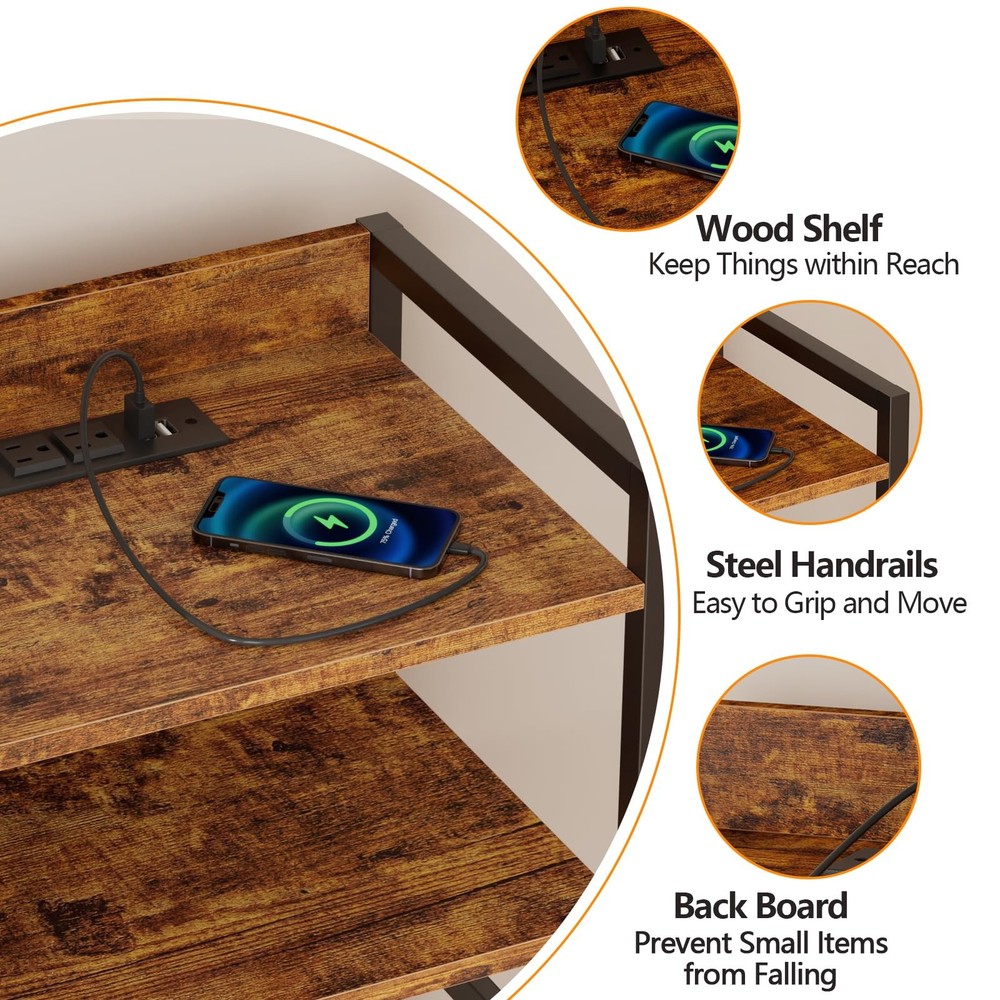 4-Drawer Nightstand w/ Charging Station LED - Rustic Brown Bedside Table