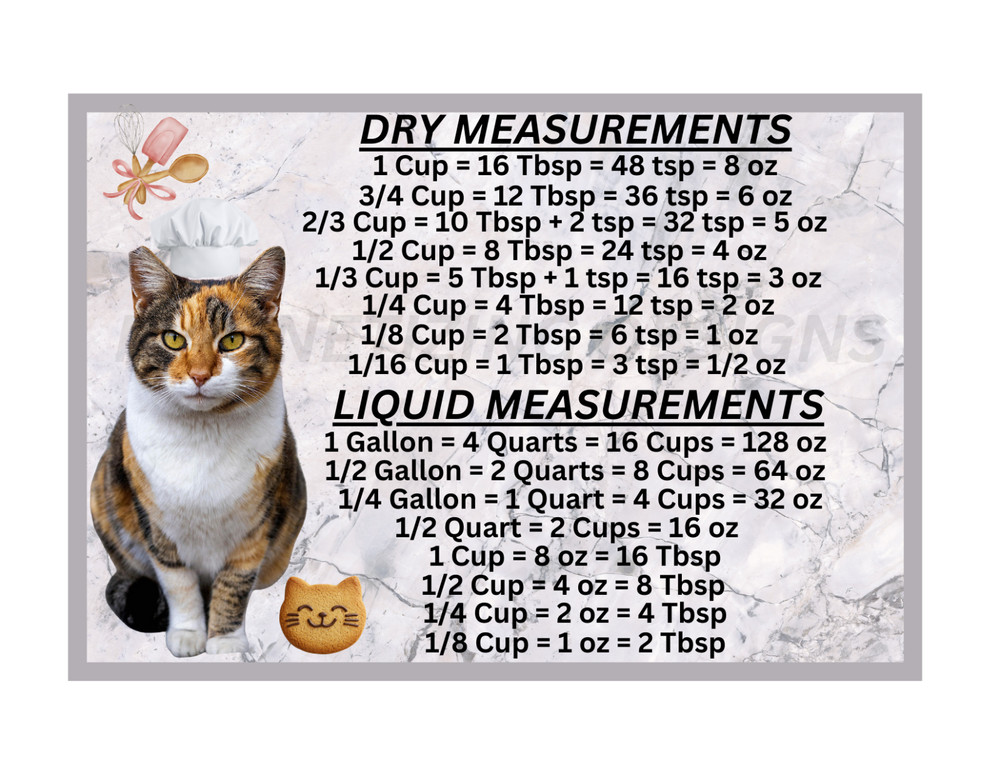 Calico Cat Measuring Chart Magnet Kitchen Baking Guide