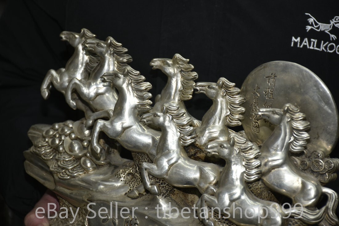 14.8" Rare Old Chinese Dynasty Silver Fengshui 12 Zodiac 8 Horse Word Statue