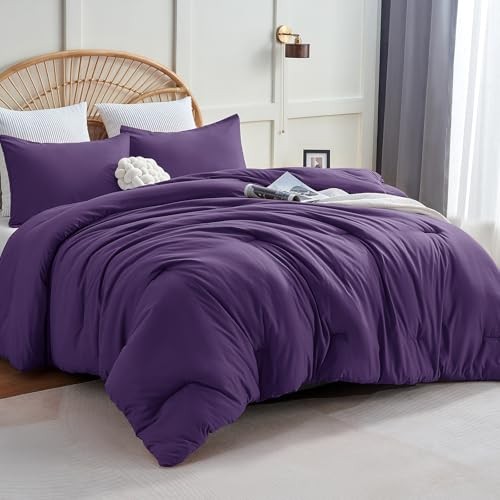 Comforter Set 3 Pieces Solid Comforters Size Breathable Quilted Queen Purple