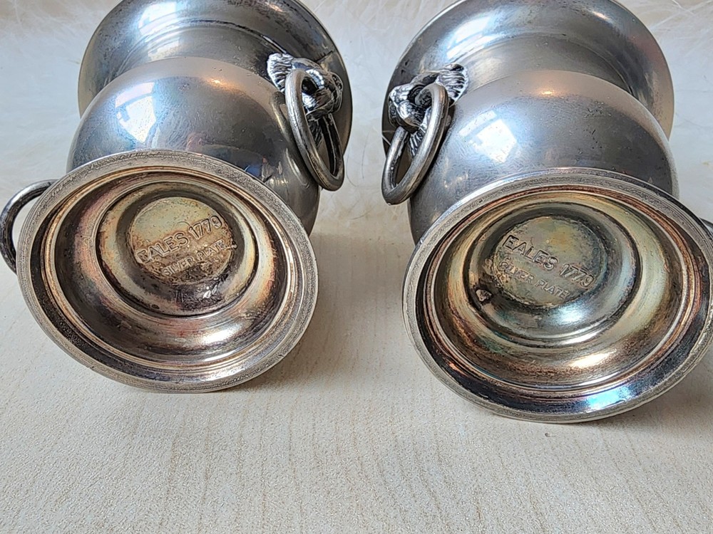 🌿 Pair Of Vintage EALES 1776 Lion's Head Metal Pot Silverplate 3" bucket Urns