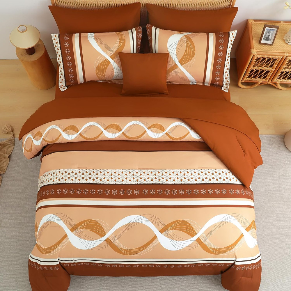 Orange Boho King Comforter Set 8Pc Bed in a Bag Patchwork Bedding Set
