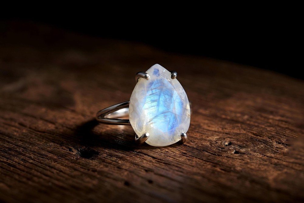 Rainbow Moonstone Ring Anemone 925 Silver Pear Shape Teardrop Gem