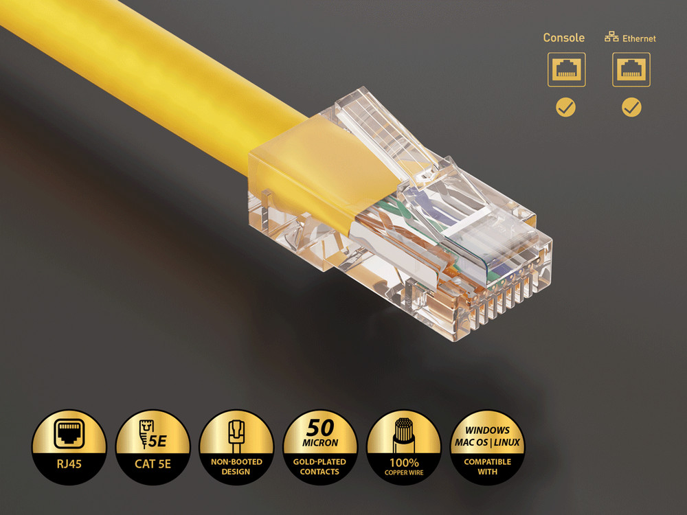 7ft Cat5e UTP Non-Booted Ethernet Network Patch Cable 24AWG Bare Copper, Yellow