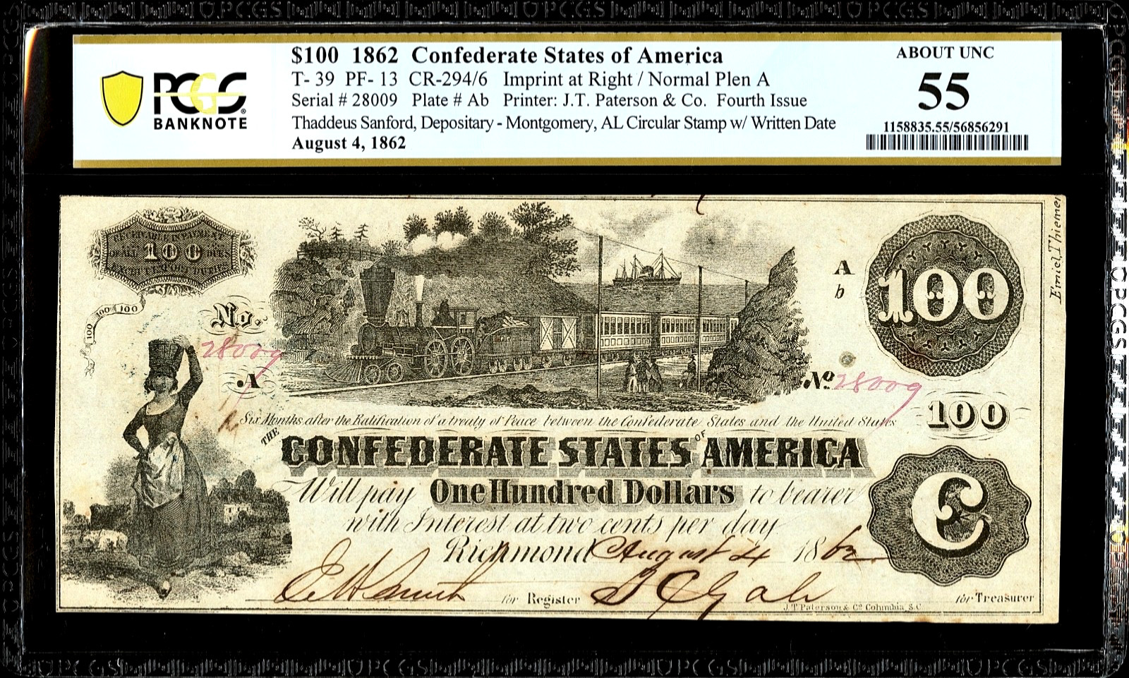 1862 CSA Confederate States of America $100 Banknote T-39 PF-13 PCGS AU55
