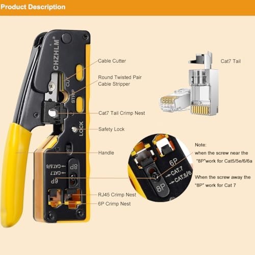 Ethernet Crimping Tool Kit - RJ45 Pass-Through Crimper, Cable Tester, Stripper,