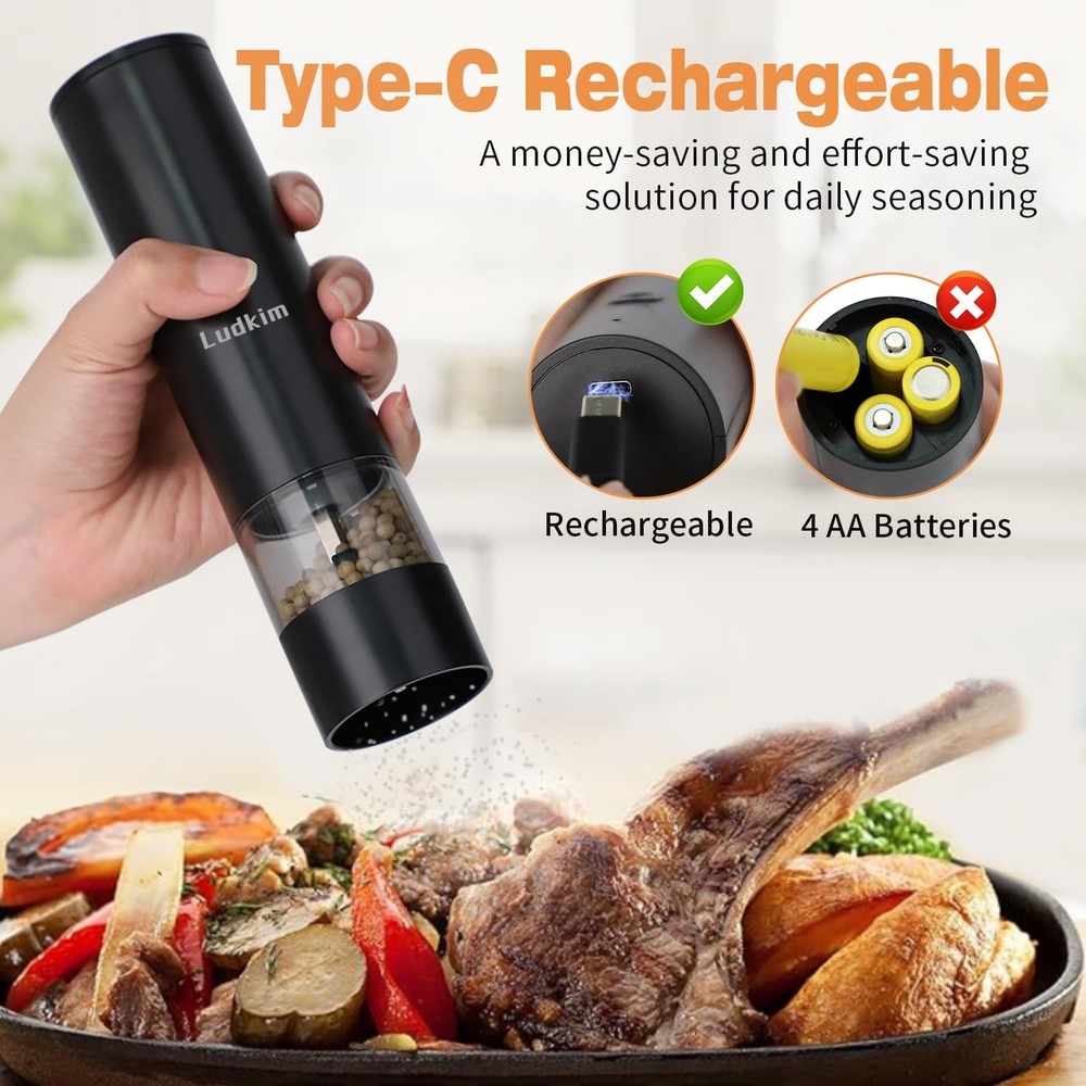 Salt & Pepper Grinder Set- Dual Pack Rechargeable Automatic Pepper Mill with ...