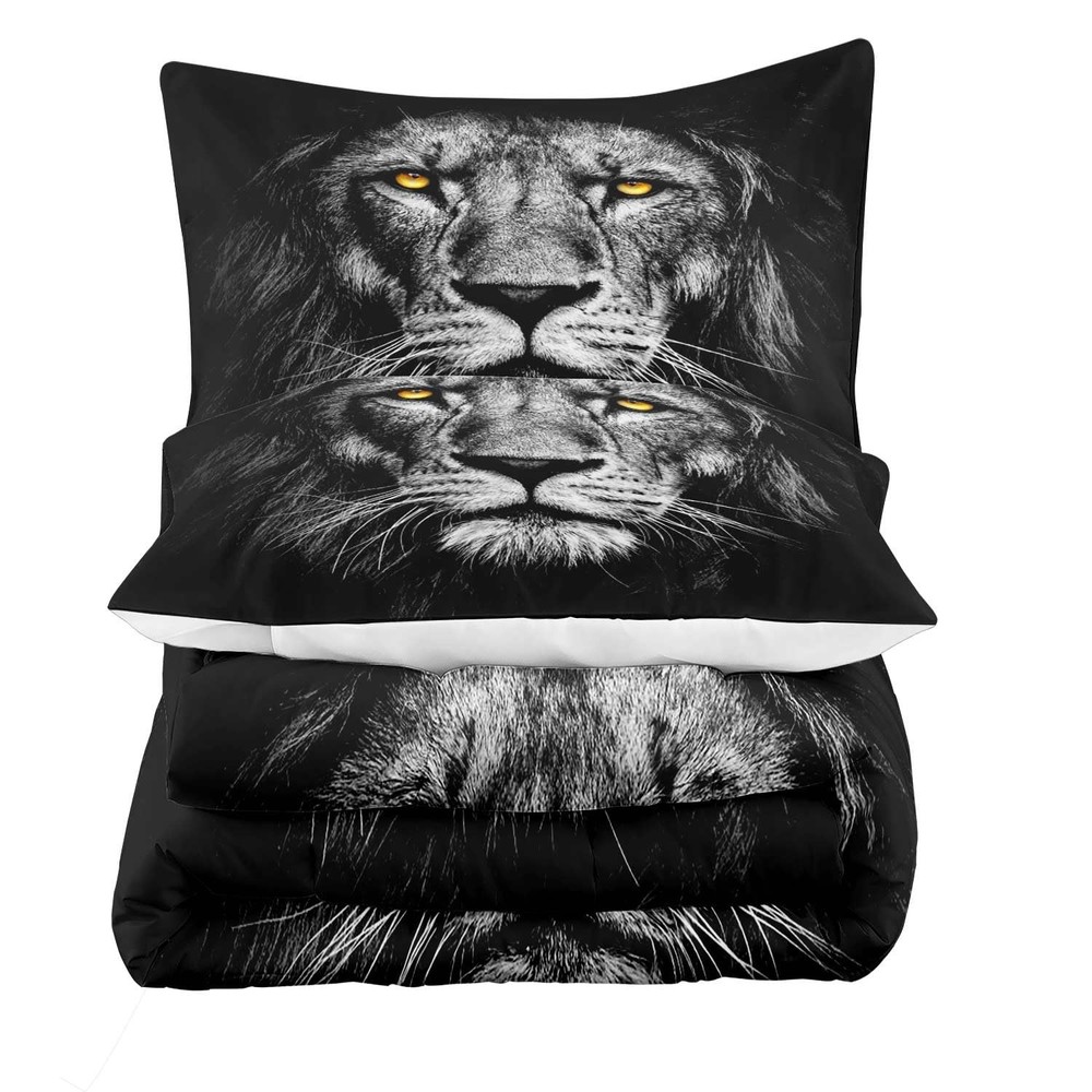 3PCS Black Lion Comforter Set Queen Size, Lion Bedding Soft Microfiber Black ...