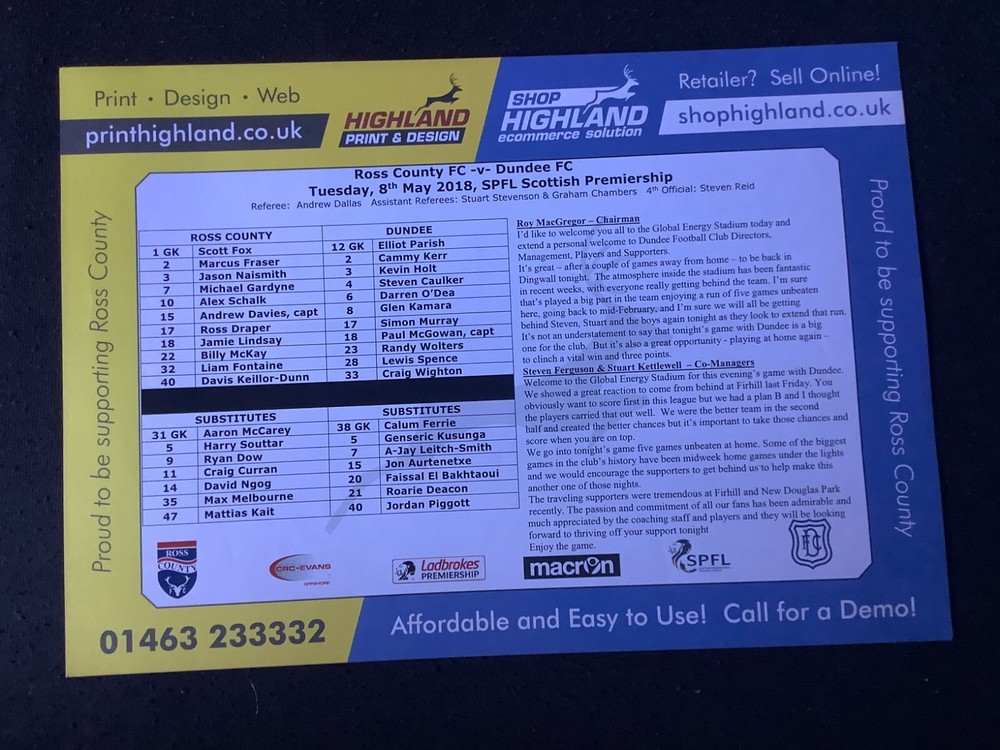 2017/18 Ross County v Dundee May teamsheet