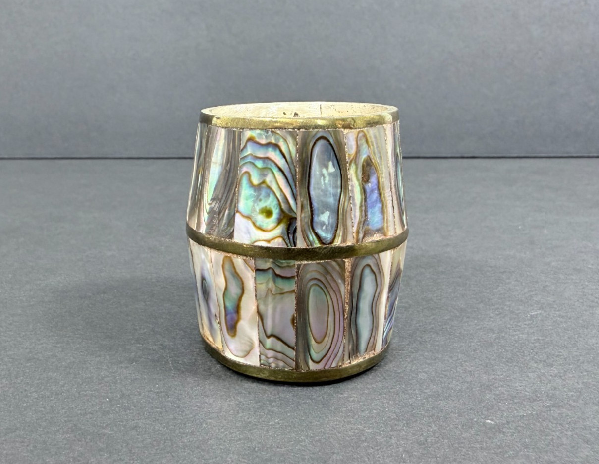 Vintage Brass and Abalone Barrel Shaped Shell Shot Glass Made in Mexico