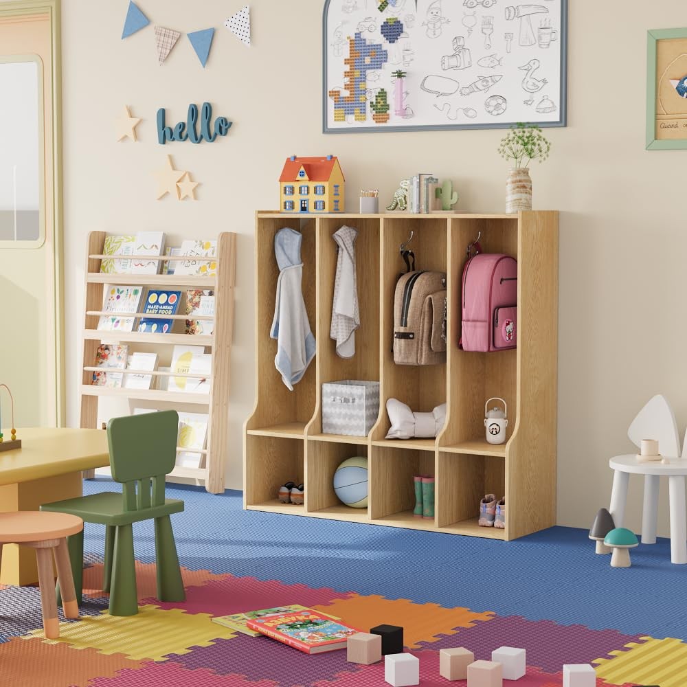 4-Section Classroom Coat Locker 4 Cubbies 8 Hooks Natural Oak for Home School