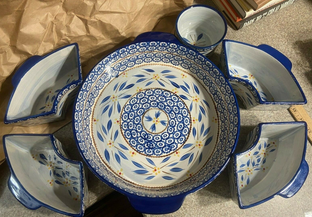 Set 6 Pc Temp-Tations Old World Blue Set Baker Dish Platter Dip Separated Tray