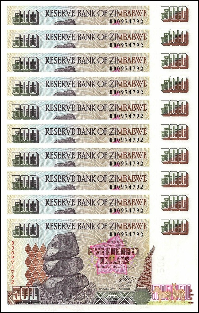 Zimbabwe 500 Dollars, 2004, P-11b, UNC X 10 PCS