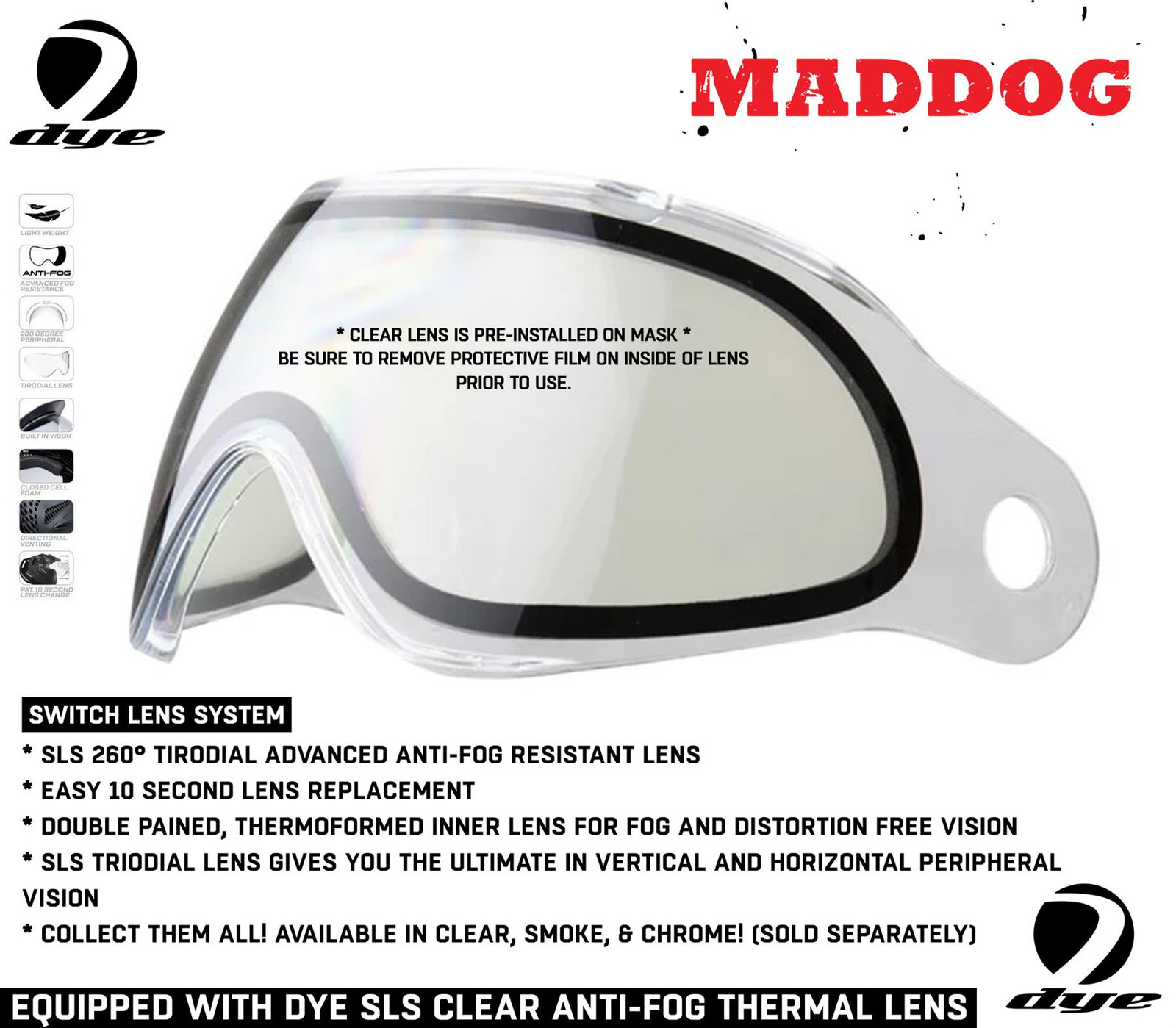 CLEARANCE Used Maddog Dye SE Anti-Fog Thermal Paintball Mask Goggle Clear Lens