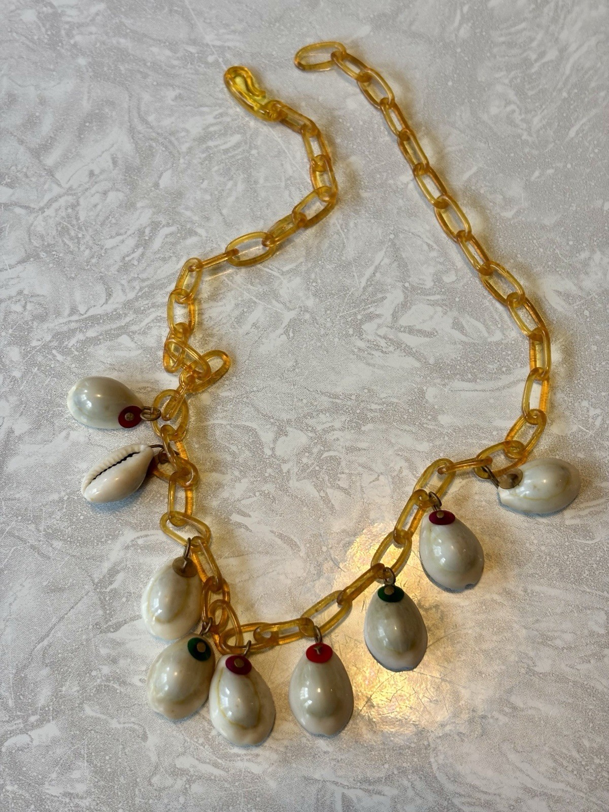 Vintage Apple Juice Bakelite Celluloid & Cowry Shell Necklace 17’ Chain