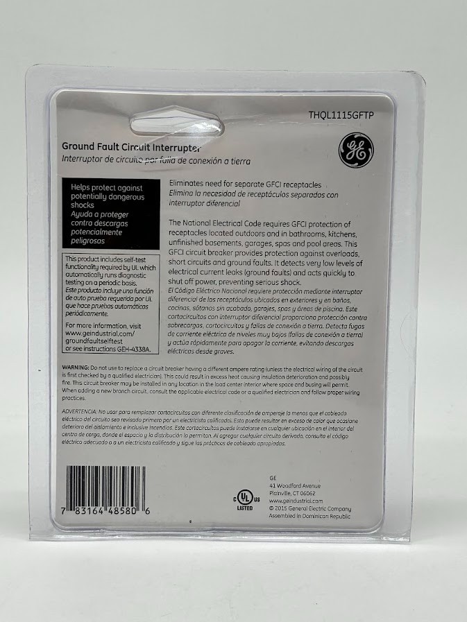 GE 15 Amp Single Pole Ground Fault Breaker with Self-Test GFCI THQL1115GFTP New