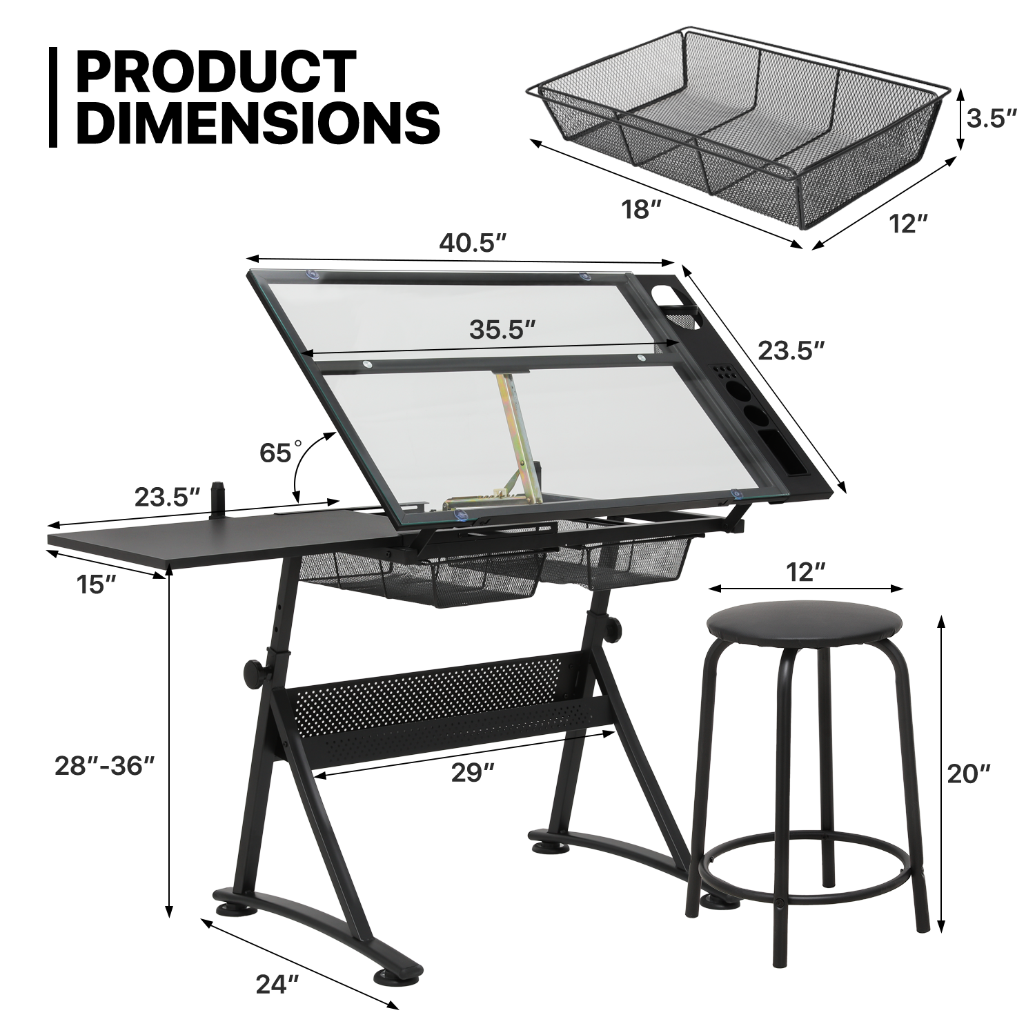 Drafting Table Adjustable Tempered Glass Art Craft Drawing Work Station w/Stool