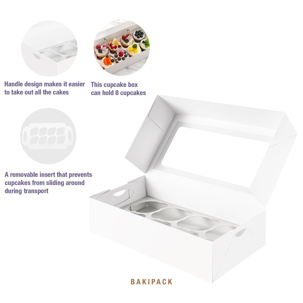 15 White Cupcake Boxes 8 Count with Window and Inserts, Cupcake Containers, C...