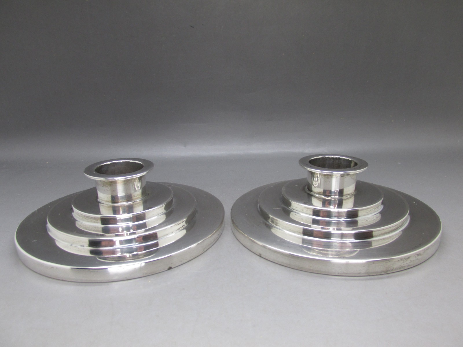 ART DECO SUPERB PAIR SOLID SILVER INTERIOR DESIGN CANDLESTICKS 312g DENMARK 1935