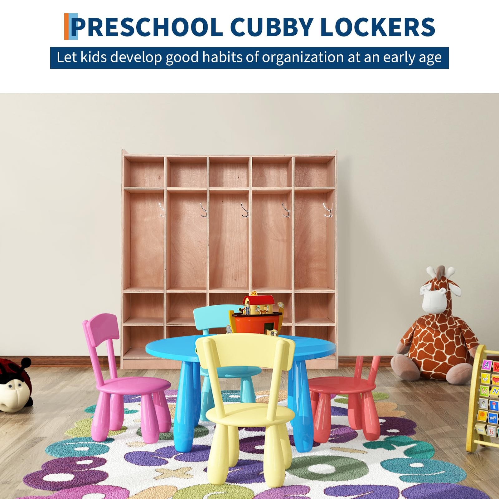 5-Section School Coat Locker 10 Cubbies with 4 Casters 5 Hooks 2 Storage Boxes