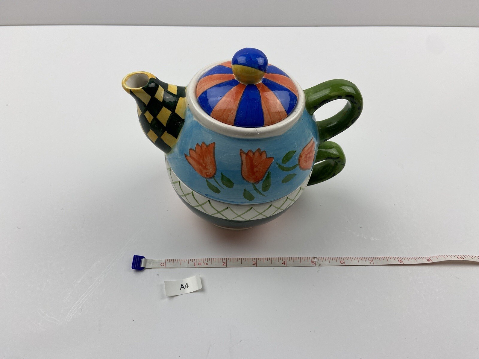 Whimsical Ceramic Teapot Tea for One Green & Yellow Check Spout & Orange Floral