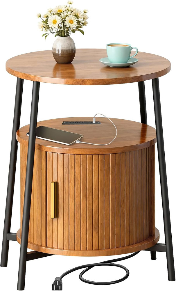 Mid-Century Modern Side Table with Storage & Charging Station, Yellow Walnut