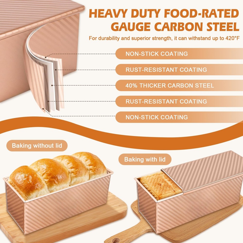 Non-Stick Pullman Loaf Pans with Lids – 2.2 LB & 1 LB Dough Capacity
