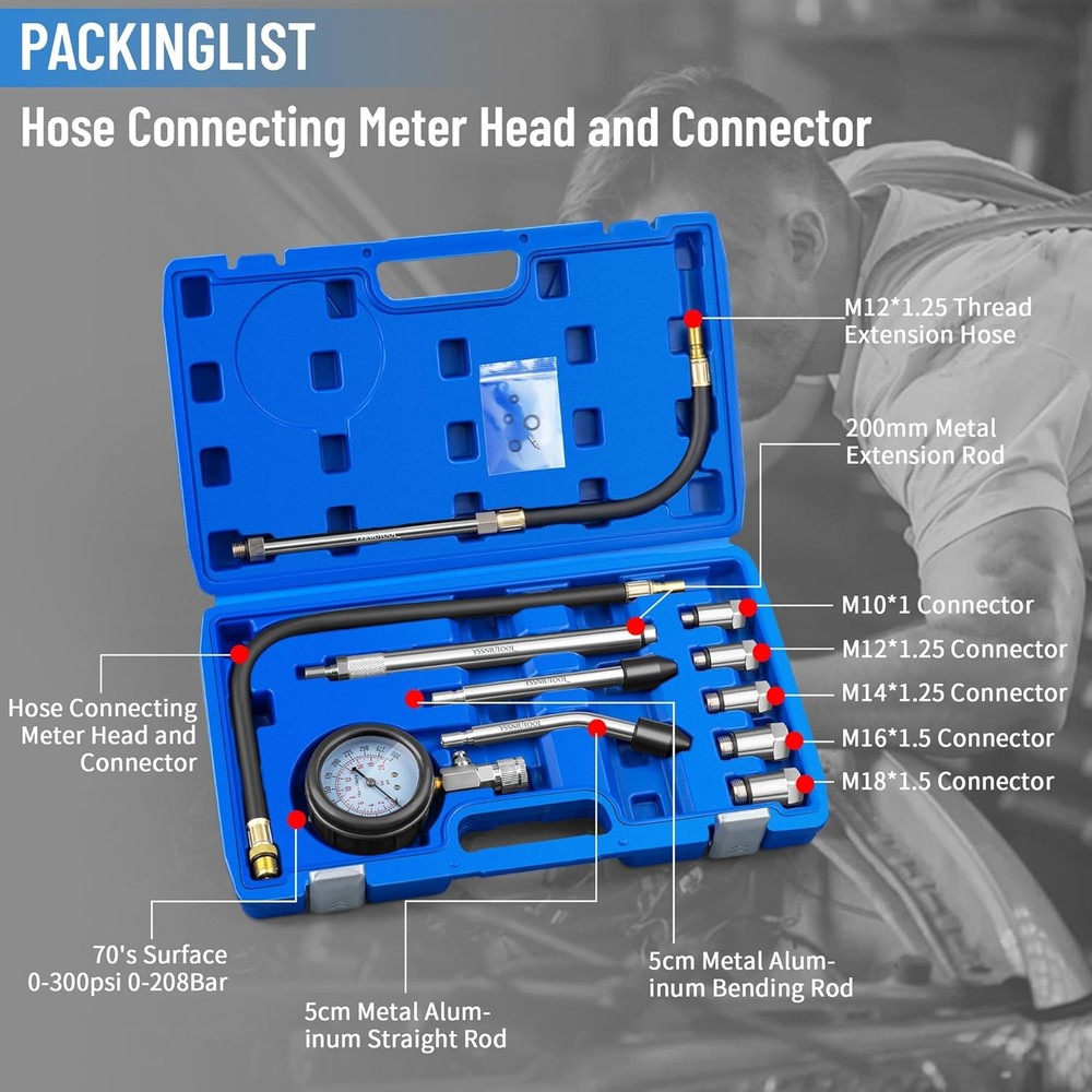 11PC Compression Tester, Automotive Engine Compression Tester Adapter Kit, Engin