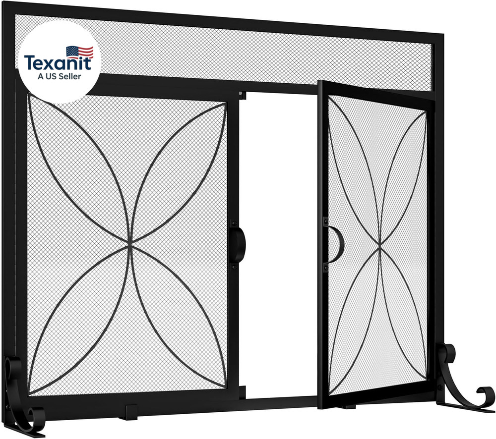 Fireplace Screen with Magnetic Doors,Handcrafted Wrought Iron Classical Scroll D