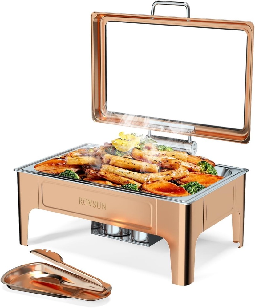 Chafing Dish 9QT, Rectangular Buffet Warmer Set with Glass Lid & Serving Tong