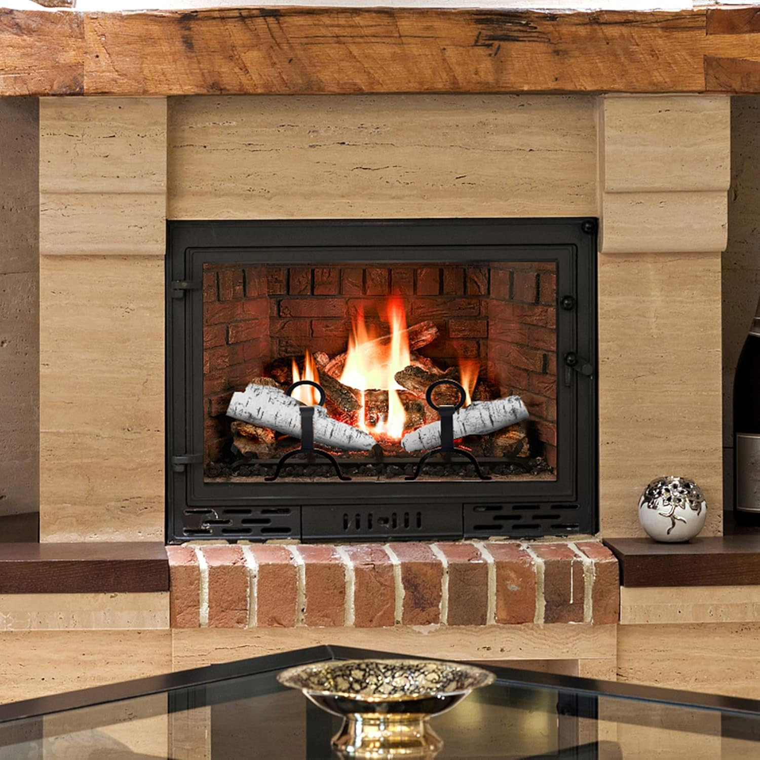 4 Piece Set of Ceramic White Birch Wood Gas Log for All Types of Ventless, Gel,