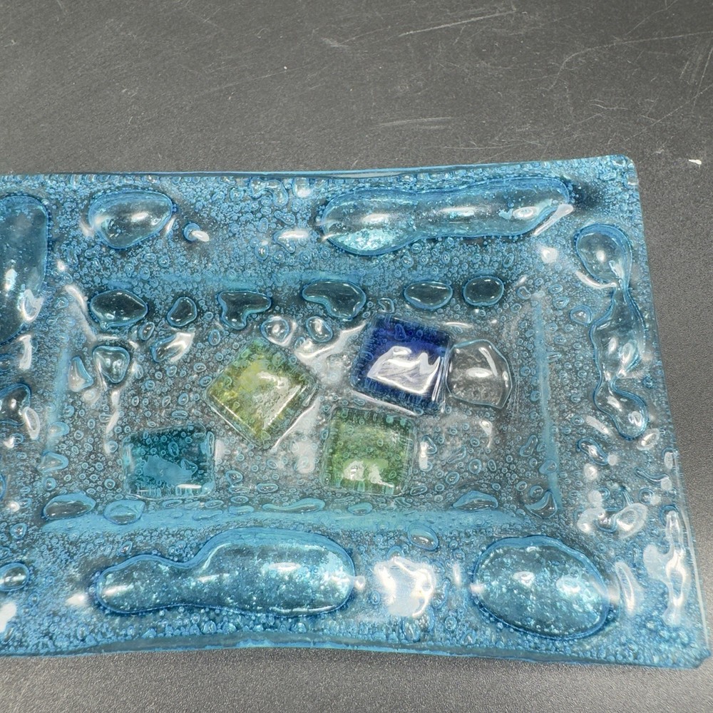 Vintage Hand Made Rectangular Trinket Dish Holder Container Plate Blue Bubbles