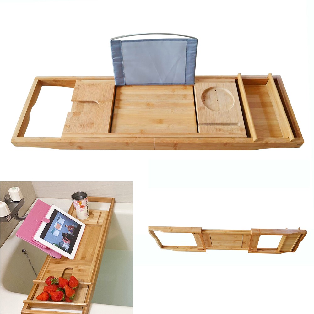 Bamboo Bath Tray Table - Adjustable Caddy with Multifunctional Groove
