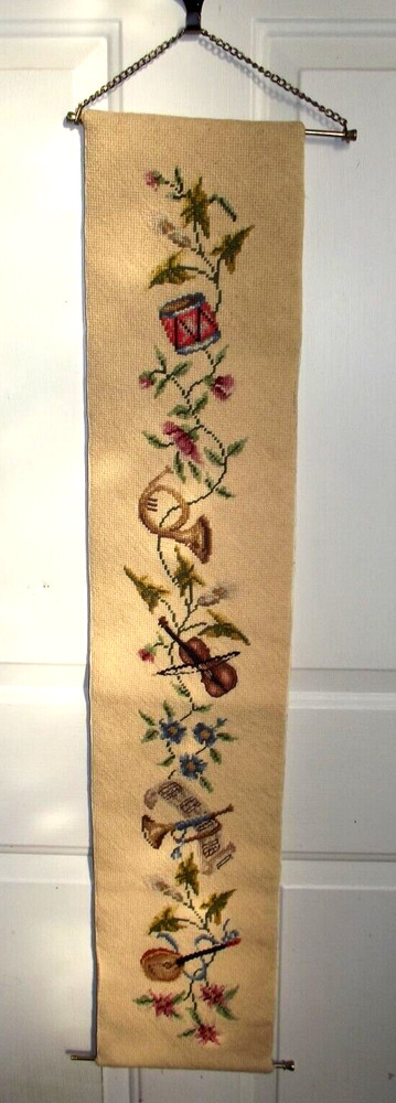 Needlepoint Bell Pull Wall Hanging Floral Vine Musical Instruments B75